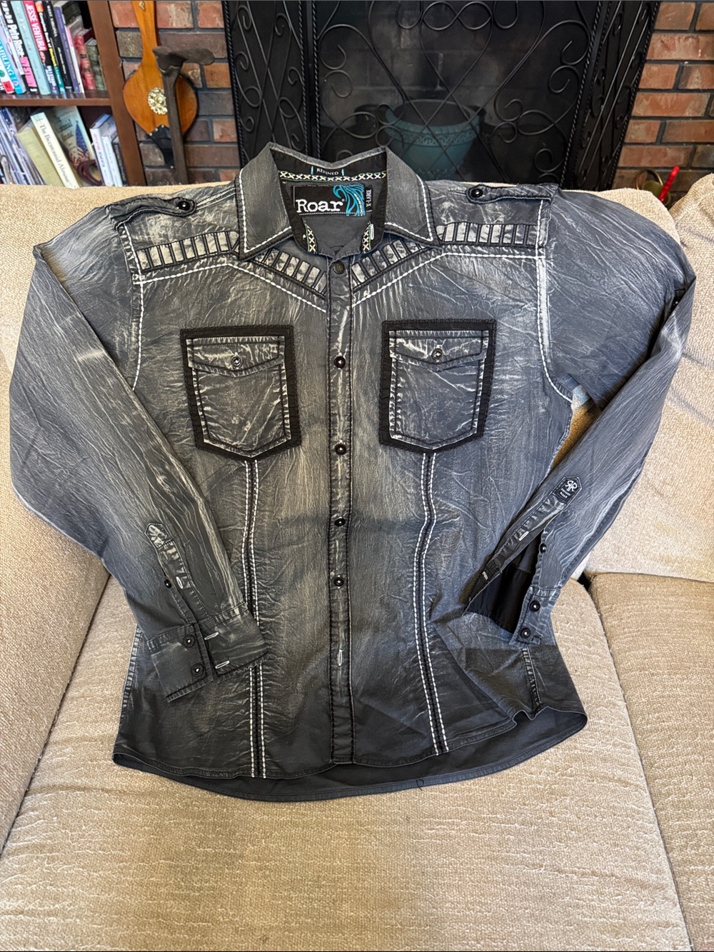 Roar Men's Washed Black Western Shirt Jacket with Contrast Stitching